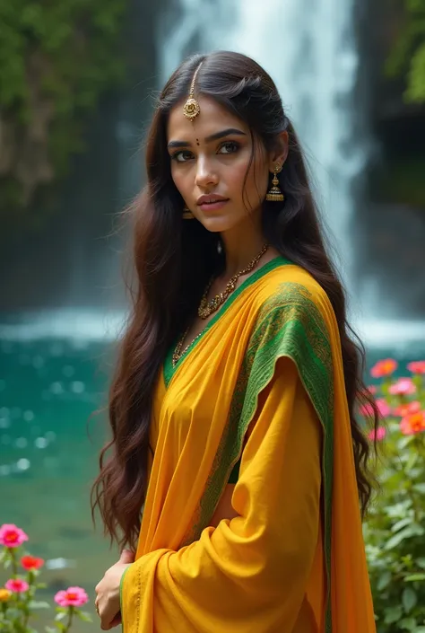 A beautiful long brunette woman wearing an Indian bindi headdress wearing a yellow dress and sari in fresh green color Indian fresh green sleeves luxurious yellow color patterned trendy smiling softly smiling softly looking at the camera dynamic full body ...