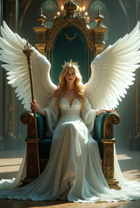 (photorealism:1.2), 

Beautiful female angel, wearing long white dress, green eyes, blonde hair, crown on head, large white angel wings, sitting on large throne, dark throne, inside castle, soft lighting from behind, holding sceptre, sceptre is floor lengt...