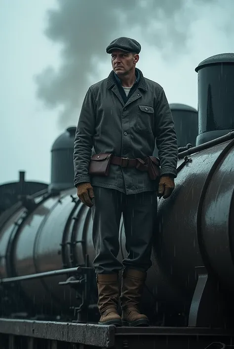 Create a photo of a railroad operator on the outside of a locomotive, Under the rain 