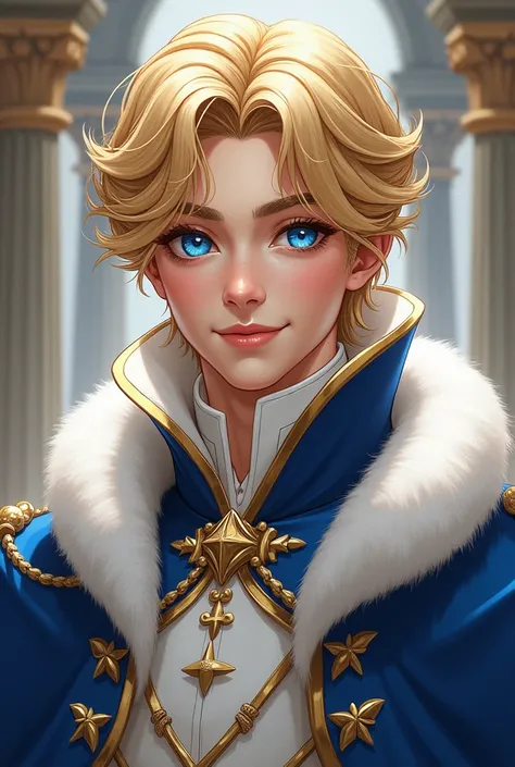   Illustration of a prince wizard with golden hair and dark blue eyes.  His skin is white and his cheeks are reddish  . 
 His smile is dazzling , But he has a serious face .  and he wears royal blue and white costumes .