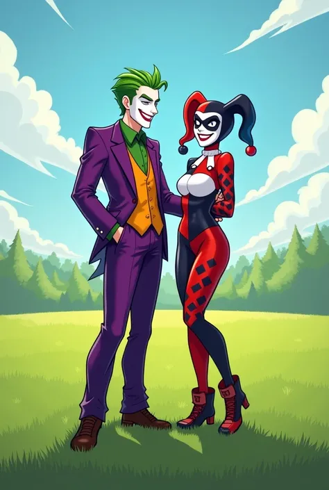  Joker and Harley Quinn standing on a large green grass area with clear sky, both look happy .  Joker wears his signature purple suit ,  Harley Quinn in cheerful outfit while smiling .  Semi-realistic style with details and bright colors ."