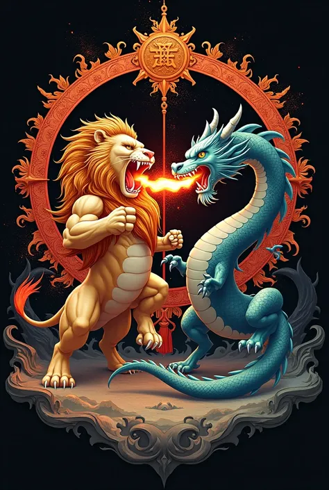 Aggressive lion roaring and dragon with fire 
mandala symboling strength and wealth with mate black back ground
