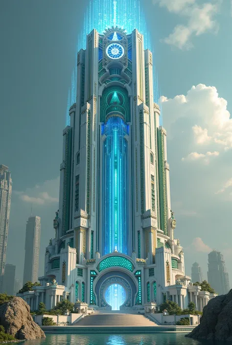 (photorealism:1.2), beautiful palace skycraper, technological, ((((((boor aggressive design))))))), (((time themed,)))), Blue flames, White green and gold, masterpiece,friezes and decourations, uhd, 8 k, cyberpunk, wheel of time made of light in top of it