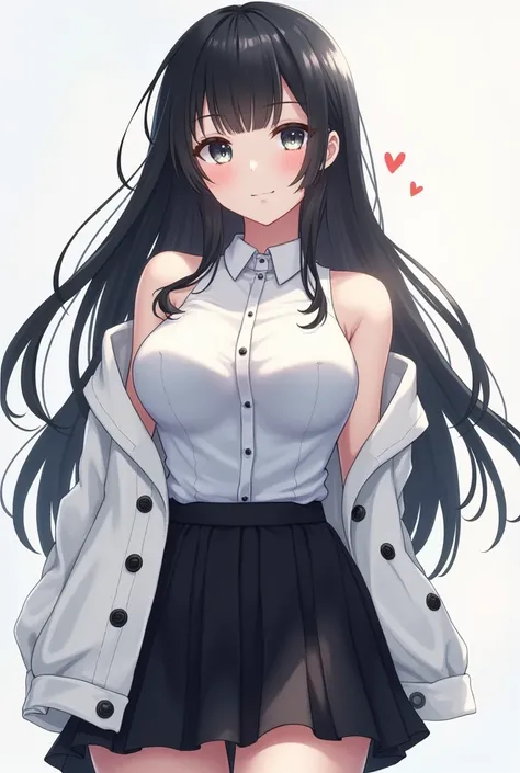  anime girl with black hair and black skirt and white jacket and big breasts