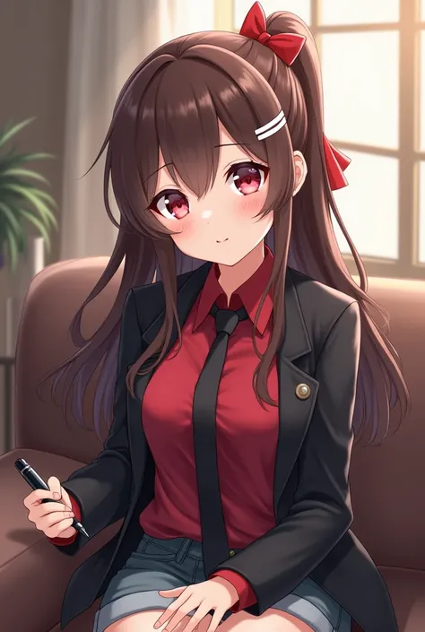 Anime girl, pink eyes, long brown hair, with white hair clip, red hair ribbon, wearing unbuttoned black blazer, and red shirt with black tie underneath, and wearing black skirt sitting on couch in house, holding a pen front view