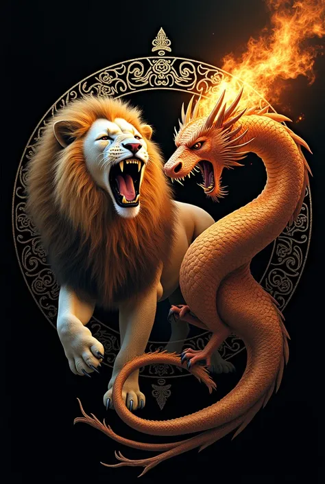 Realistic Aggressive lion roaring and dragon with fire mandala symboling strength and wealth with mate black back ground in 1.2 inch length 2feet breath 

