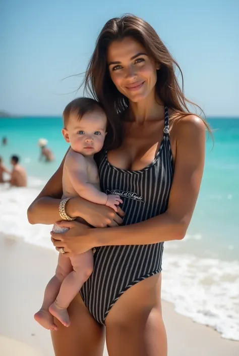  Show a sunny beach day An Italian woman ,  30-year-old white brunette wearing a set of black and white bodysuits working as a drool with the name Familia D Angelo embroidered on her clothes holding a baby , Small 5 months   ,  with traits of Azra Akin , l...