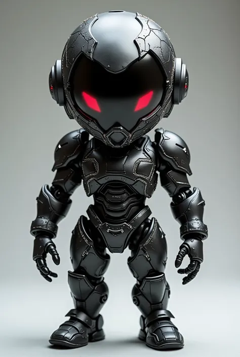  A collectible chibi design by Nexor ,  fully visible in a fixed front pose .  Its matte black armor dominates the , with details in normal white ,  gray and red that reflect its dark and destructive nature .  The futuristic helmet completely covers his he...