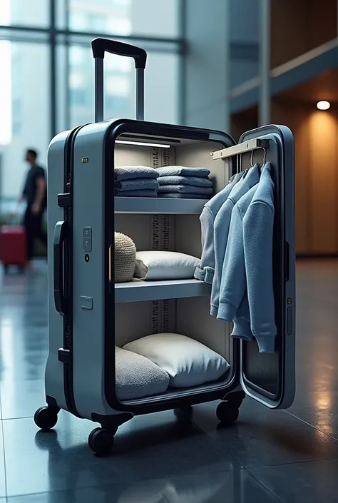 smart suitcase foldable inside and outside which the inside can be arranged by itself clothes that can measure the load capacity and how foldable it is 