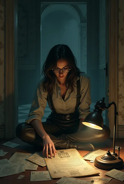 Generate a paranormal investigator with glasses and shoulder-length hair who sits on the floor of an abandoned mansion and has old documents around her.