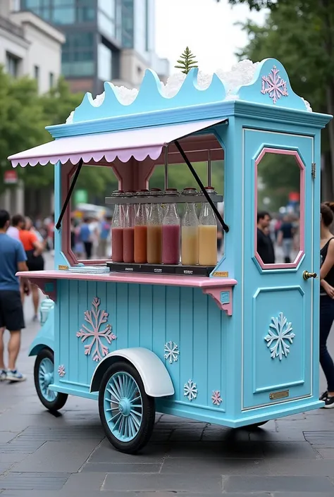 Fully customized mobile stand in the form of Ecuadorian slushies in light blue with white , purple and brown that is spacious and that has its machines for making ice scraped slushies in the shape of a snowflake that is realistic 