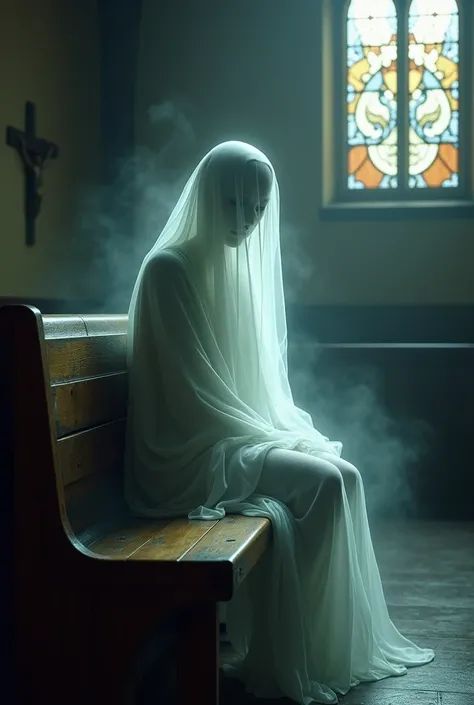 the ghost sitting on chruch chair wood