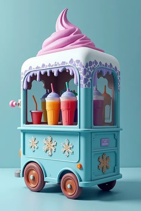 Fully customized mobile stand that has the shape of the structure of Ecuadorian slushies in light blue with white, purple and brown that is spacious and that has its machines for making ice scraped slushies in the shape of a snowflake that is realistic 