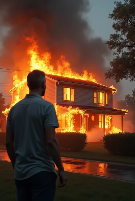 Man looking at the house on fire 