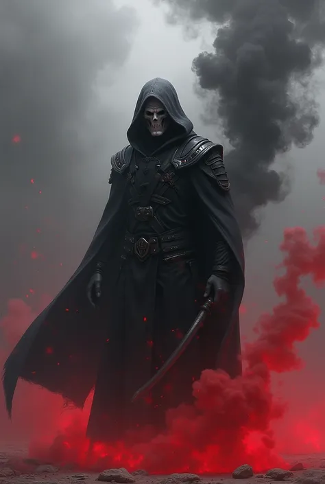 Create a realistic image of the Overwatch reaper with a dozen and surrounding it a black and red smoke 