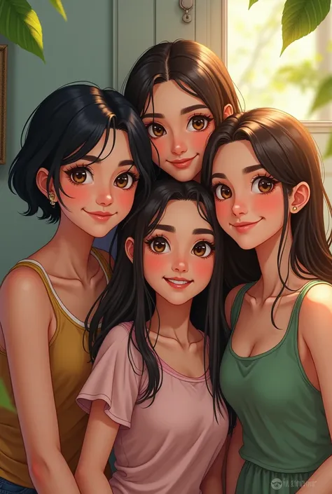  You can give me an image of 4 female friends where 

*  a tall short black hair with thick eyebrows dark brown eyes slanted brown eyes 
*  Another long black hair color white skin color brown and slanted eyes  
* Another long light brown movie ,  small br...