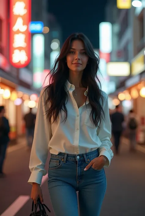 a beautiful young russian woman, long black hair, smiling face, big breasts, white shirt, blue denim jeans, black nike shoes, walking on tokyo street at night, cinematic lighting, warm color tones, intricate details, photorealistic, 8k, masterpiece full bo...