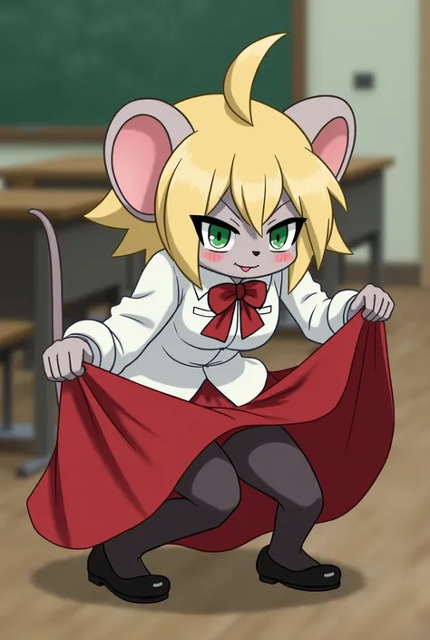  Not suitable for work ， score_9,  score_8_above,  score_7_above, source_animated,
norn gray rat, norn gray rat, blows,  blond hair ,  green eyes, choke,
 long sleeves, bow, , jacket, bowtie, red bow, skirt, red skirt, white jacket,
inside, classroom, crou...