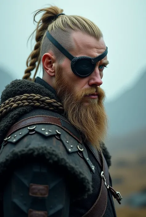 Tall skinny guy with one blue eye, the other covered with an eye patch, blond hair only on top, tied back in a short tail a full beard, viking look