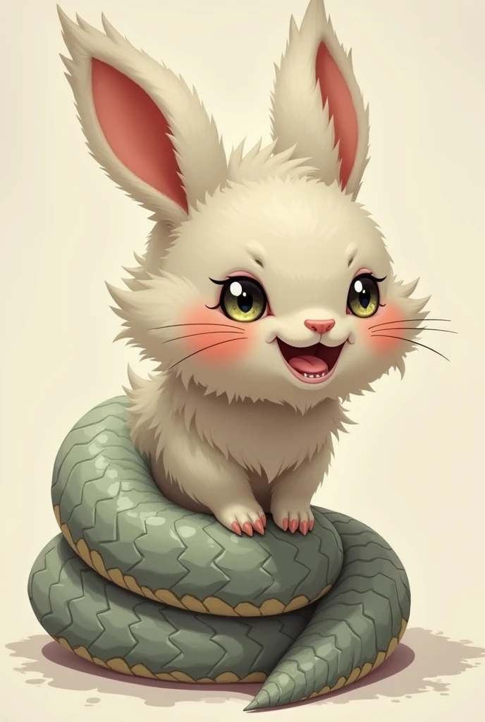 A fluffy rabbit with the sleek, scaled body of a snake, coiled but ready to spring forward, with glowing eyes and a mischievous grin.