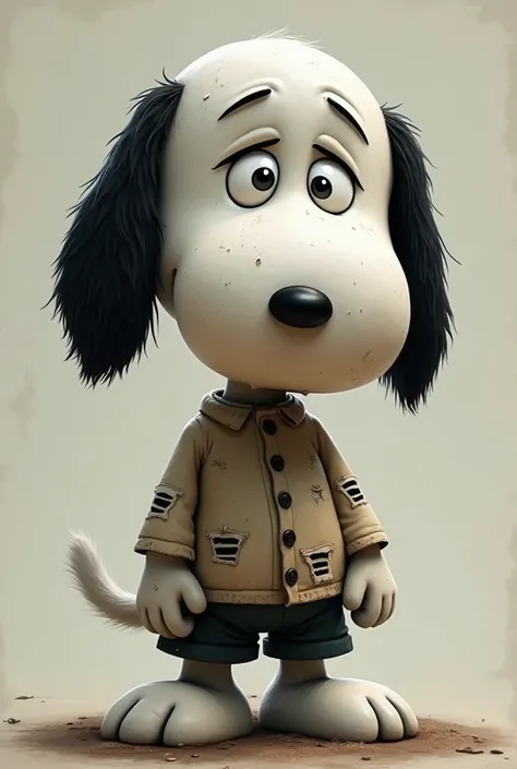 Create me an image of the little dog Snoopy wearing a very sad shirt and pants with transparent tears in his eyes