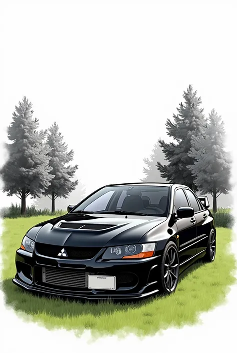 The image is a black mitsubishi evo V car parked on a patch of green grass, an illustration image of the car facing the camera with. In the background, there is a sketch of black trees. The overall atmosphere of the image is cheerful and calm. background w...