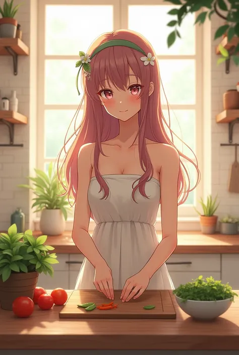 anime girl with long hair, strapless summer dress, sleeveless dress, indoors, daytime, cutting vegetables, in the kitchen, strapless dress, front view