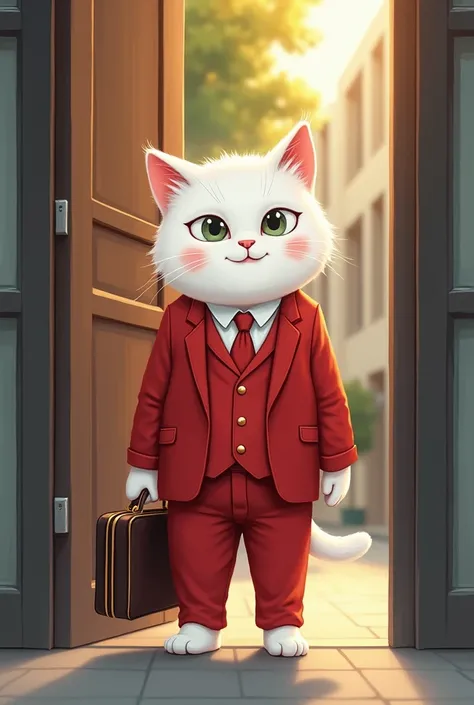 . Going to work 
"The cat is entering an office door, wearing a suit and tie, holding a briefcase in hand." the cats color is white and he is three years old and his paws are in a red suit 
