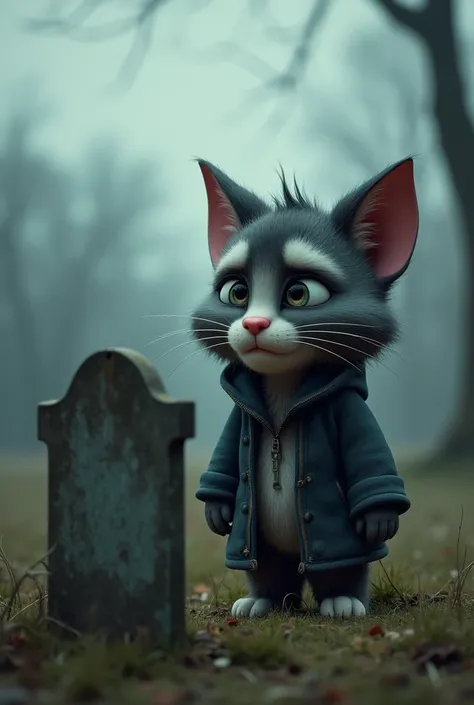 Believe me the image of talking Tom wearing very sad clothes in front of a grave