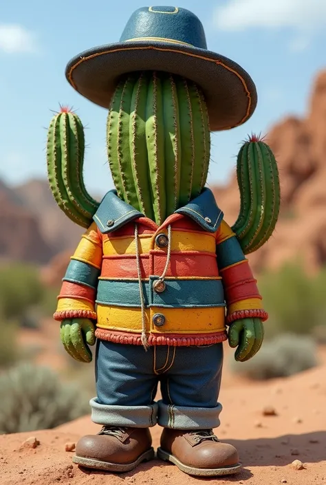  cactus in the shape of a Indalo mojaquero doll, Wearing a denim hat with the Almería shirt