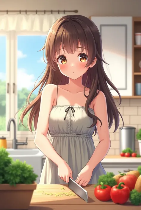 anime girl with long hair, strapless summer dress, sleeveless dress, indoors, daytime, cutting vegetables, in the kitchen, strapless dress, front view, hair behind shoulders 