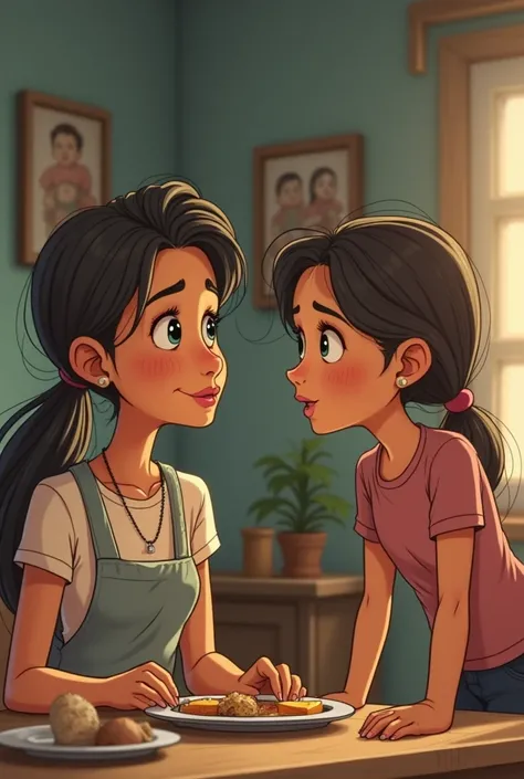 Create a cartoon of a poor mother and 16-year-old daughter talking