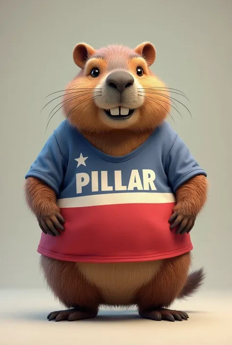 A capycho with a red white and blue t-shirt that says pillar 
