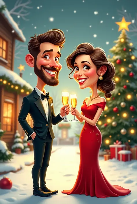 Caricature of elegantly dressed couple toasting full length with Christmas scenery in cartoon style 