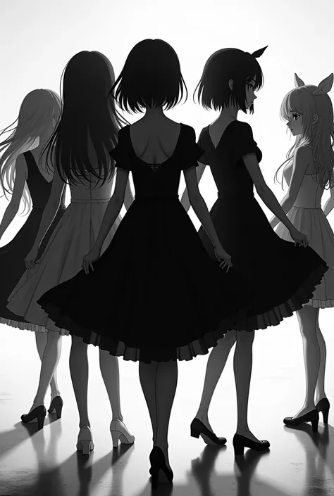 black and white image of full-length anime girls standing with their backs and lifting their skirt 