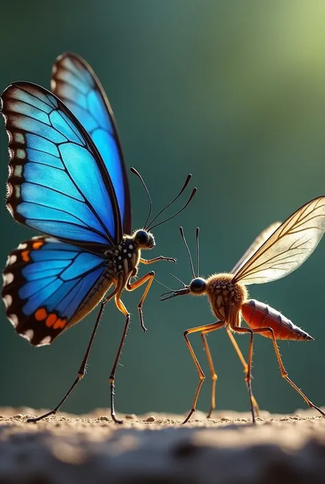  An ultra realistic blue butterfly ,  with vibrant wings and crisp details ,  is facing a mosquito .  Both have intense expressions of anger ,  with the butterfly showing the slightly open jaws and the mosquito with its erect antennas and a menacing look. ...