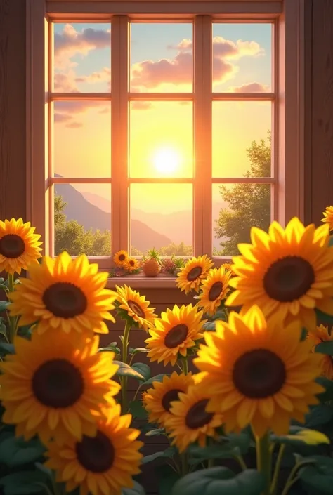 Morning sunrise. Lots of sunflower beside of windows 