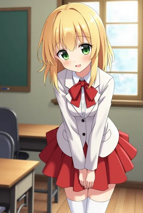 NSFW, score_9, score_8_up, score_7_up, source_anime, norngreyrat, norn greyrat, bangs, blonde hair, green eyes, ahoge, long sleeves, bun, jacket, bow tie, red bow, skirt, red skirt, white jacket, indoors, classroom, leaning, smile, skirt, looking at viewer...