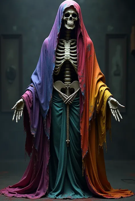  Santa Muerte with degraded robe in purple, blue, green, red, orange, yellow, black and white and with scythe tattooed on the back