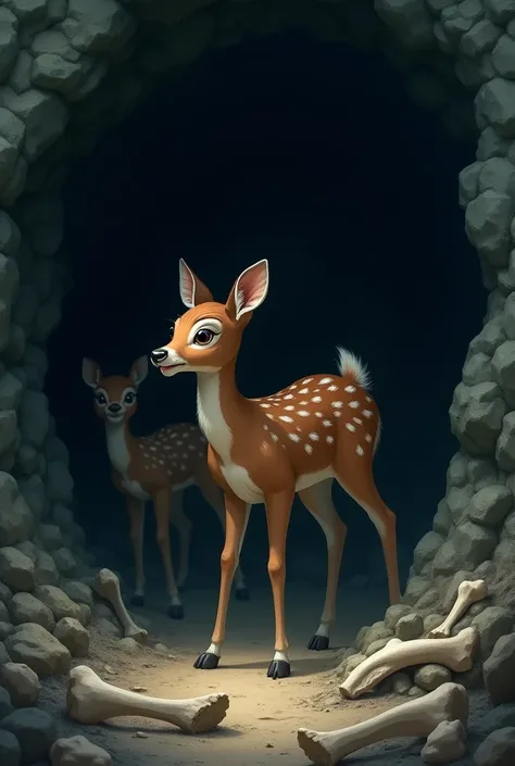 Two young deer entering a dark cave with scattered animal bones, evoking a sense of danger and mystery,hd,4k,face are clear
