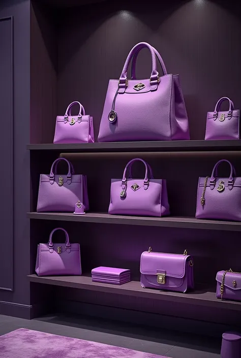 Create a shelf with luxury branded hand bags colour different shade of
 Purple