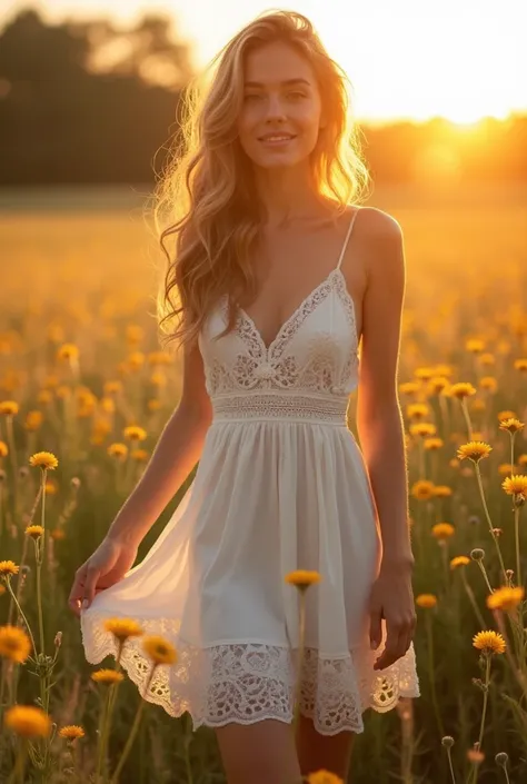 A hyper-realistic photograph of a breathtaking 22-year-old woman in a sunlit meadow during golden hour. She wears a flowing white sundress with delicate lace detailing that clings softly to her figure in the gentle breeze. Her hair cascades in loose waves,...