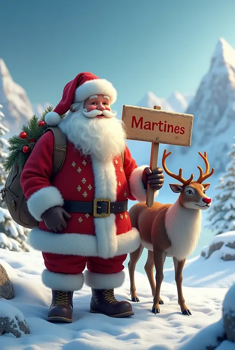 Santa Claus at the North Pole next to a reindeer and Santa holding a sign that says Martines
