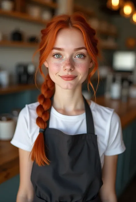  young girl in her 20s in waitress uniform , there is a cafe in the background,  standing straight looking at the camera doesnt smile, ,  red hair braided in a braid, nose piercing ,  grey eyes and freckles , big face, big cheeks, not thin face , 
