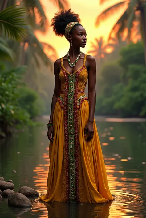 A beautiful young African woman standing by a serene riverbank at sunset, dressed in a flowing yellow, red, and green dress decorated with beads,  She has thick afro hair adorned with beads and cowrie shells, her expression a mix of love and worry. The bac...