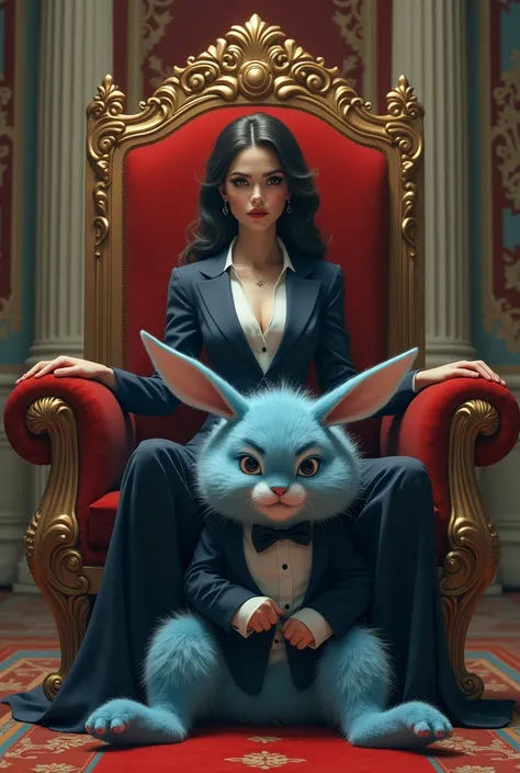 a beautiful woman with big rear end sits on a throne as a blue bunny man with a suit and tophat cries at her feet because she took his throne. she farts on it to mock him.