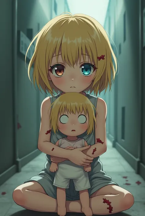 Now another ,  I want a  girl ,  short haired blonde with heterochromia ,  one side blue and the other brown ,  wears a plush doll with a sad and frustrated expression, The subject of experiments and with several bruises and scars ,  anime style