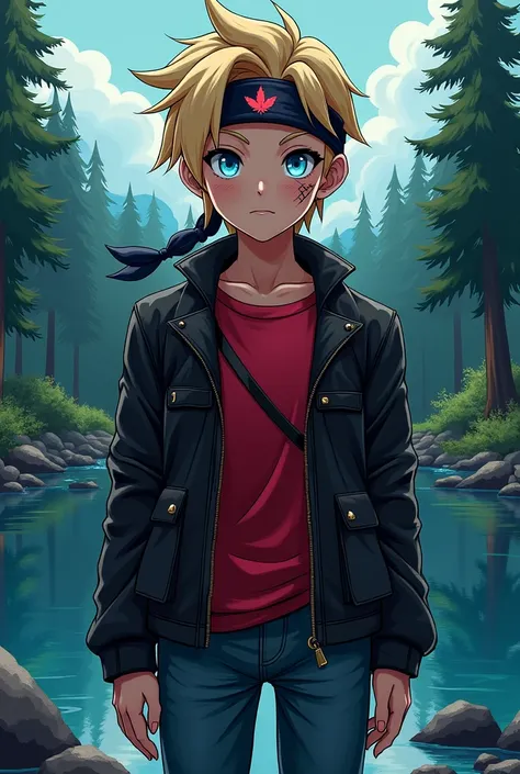  portrait, neon, 1 , Shonen style ,  Pointed blonde hair , Scratches on cheeks, black and red clothes,  leather jacket , jeans, , Bandana with leaf symbol,  Perfect Eyes, Cold, Blue eyes, Forest and lake in the background
