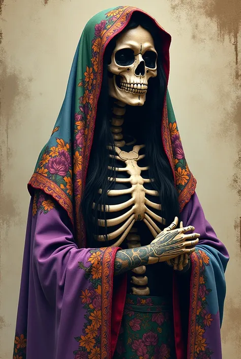  Santa Muerte with degraded robe in purple, blue, green, red, orange, yellow, black and white and tattooed on one arm