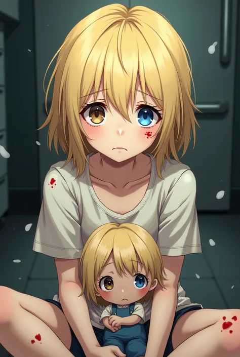 Now another ,  I want a  girl ,  short haired blonde with heterochromia ,  one side blue and the other brown ,  wears a plush doll with a sad and frustrated expression, The subject of experiments and with several bruises and scars ,  anime style